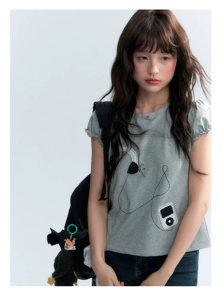 "Walkman Days" Retro Appliqué Puff Sleeve Tee