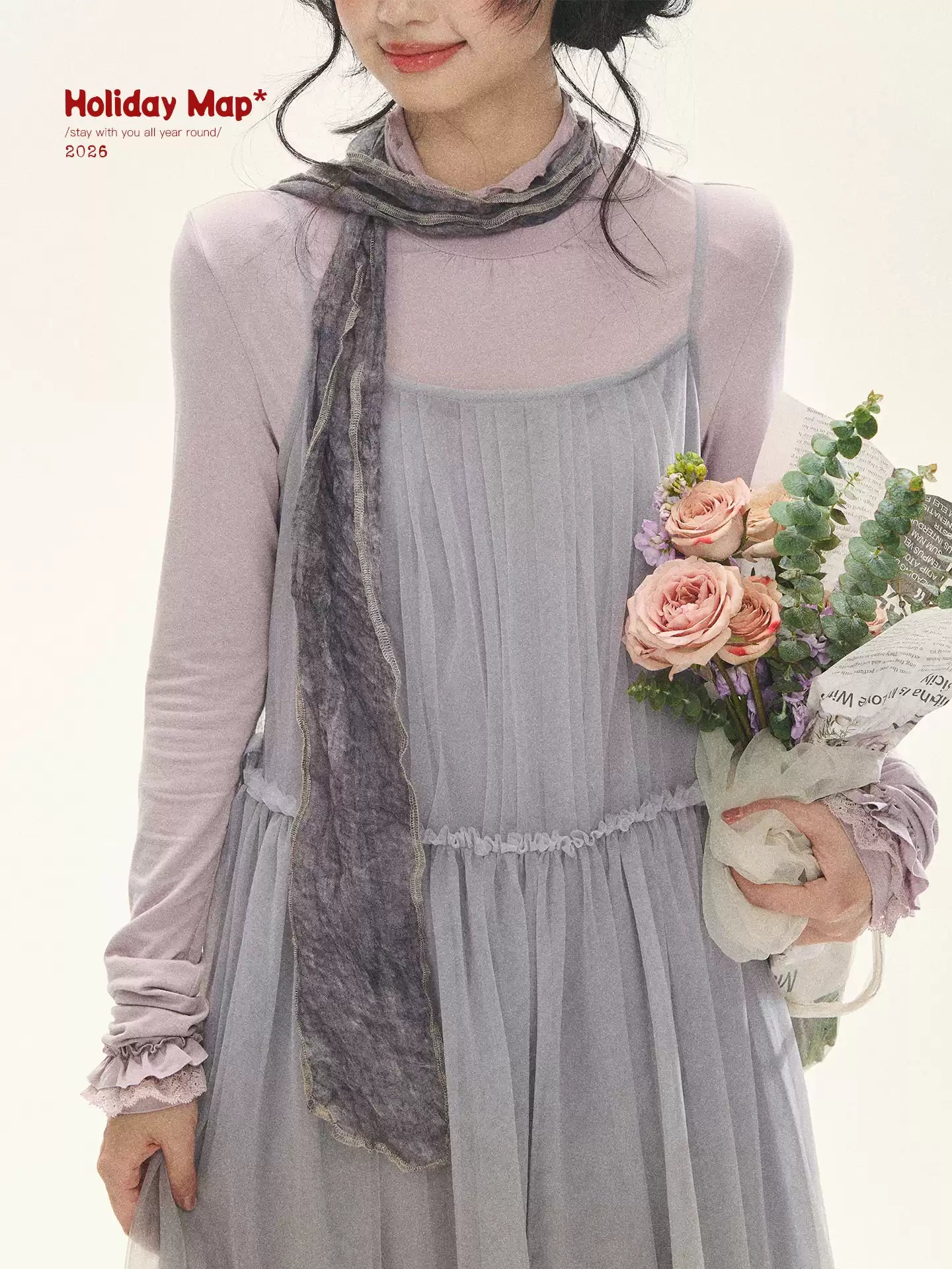 "Morning Veil" Morning Mist Purple Tiered Mesh Slip Midi Dress