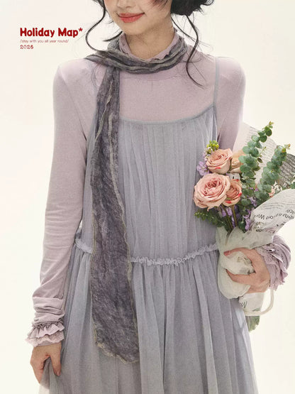 "Morning Veil" Morning Mist Purple Tiered Mesh Slip Midi Dress