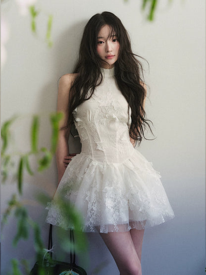 1P - White Floral Lace High-Neck Tulle Mini Dress