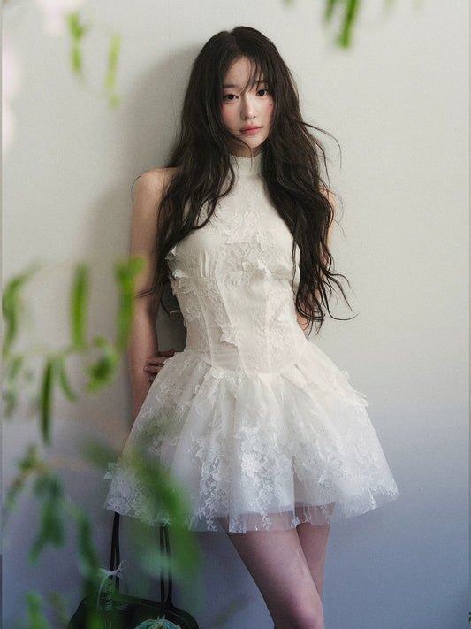 1P - White Floral Lace High-Neck Tulle Mini Dress