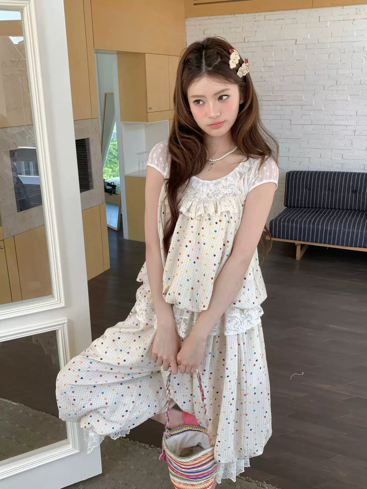 [RF] “Milk Cloud” Ivory Rainbow Polka Dot Bloom Pants Set