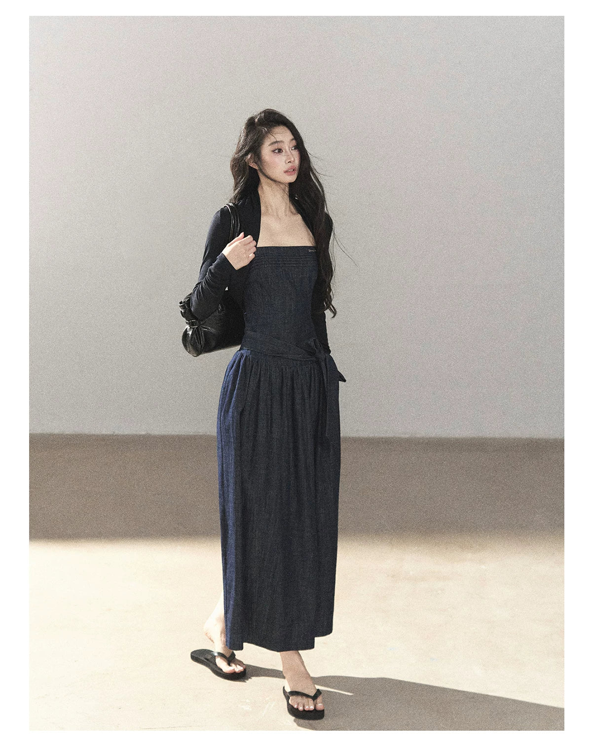 AOMALM - Navy Denim Long Dress with Matching Cardigan & Side Slit