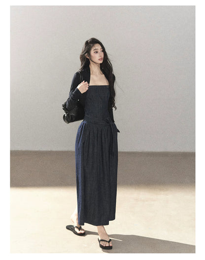 AOMALM - Navy Denim Long Dress with Matching Cardigan & Side Slit