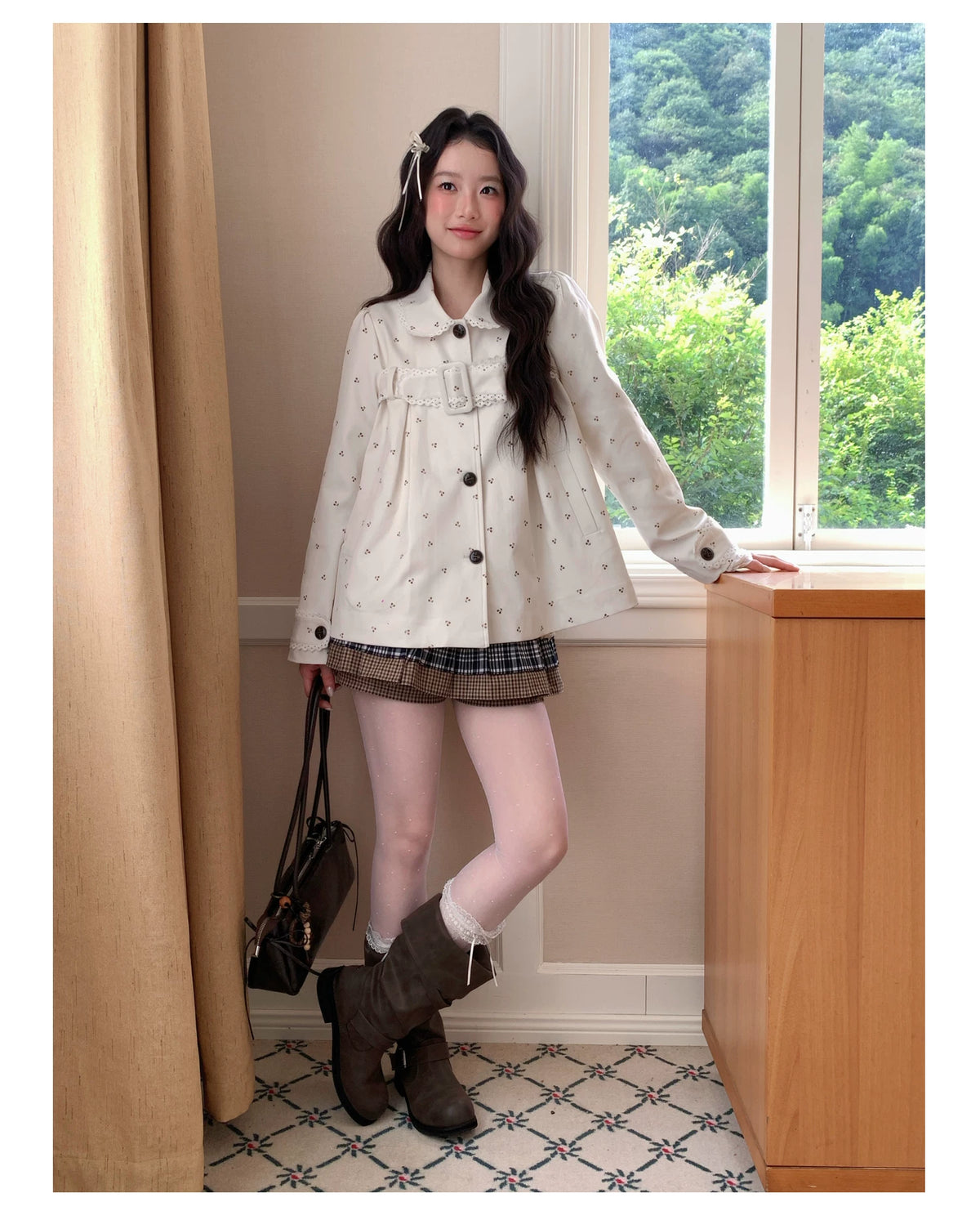 [RF] “Snowflake Milk Foam” Cream Floral Single-Breasted Waist-Defined Jacket