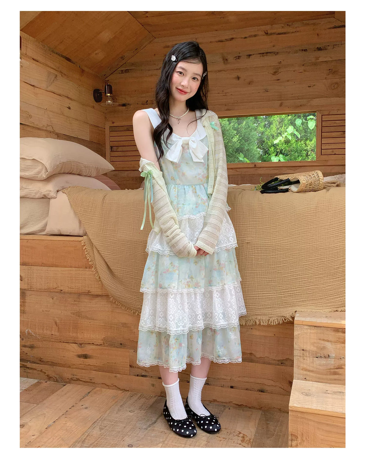 [RF] “Meadow Lilt” Light Green Floral Lace-Trim Tiered Maxi Dress