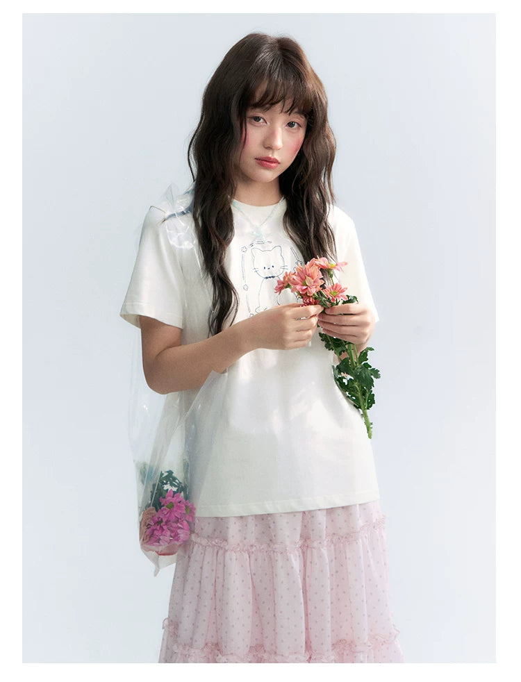 "Garden Kitty" Ivory Embroidered Cat Cotton T-Shirt