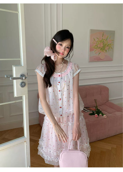 “Strawberry Boba Daydream” Pink Polka Dot Bubble Skirt Set
