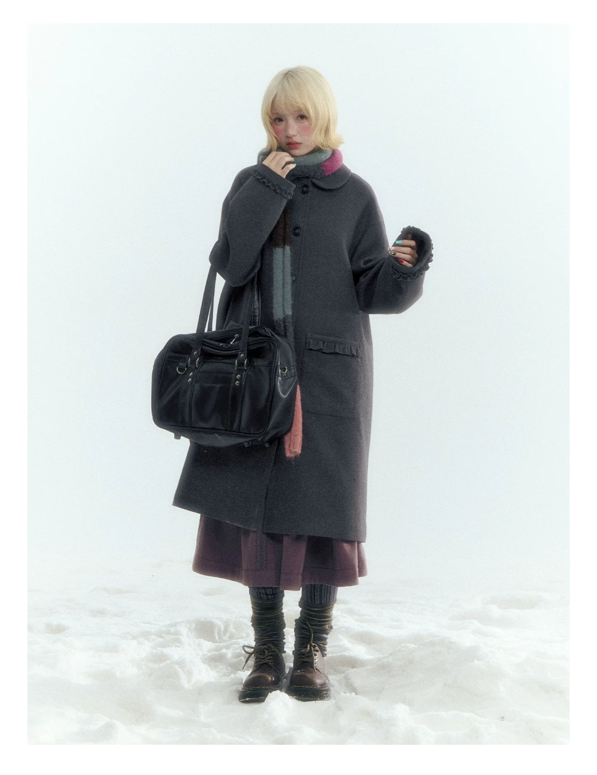 Horridale - Korean-Inspired Dark Gray Ruffle-Trim Long Wool-Blend Coat