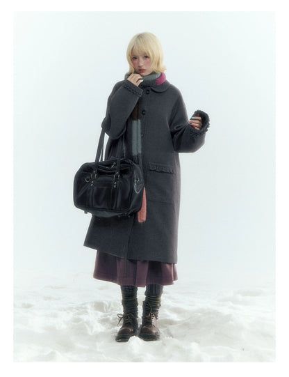 Horridale - Korean-Inspired Dark Gray Ruffle-Trim Long Wool-Blend Coat