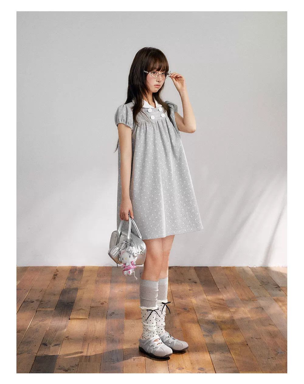 “Grey Sugar Cloud” Grey Polka Dot Doll Collar Dress