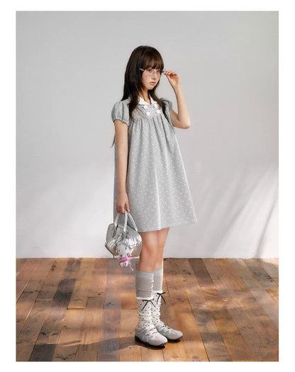 “Grey Sugar Cloud” Grey Polka Dot Doll Collar Dress