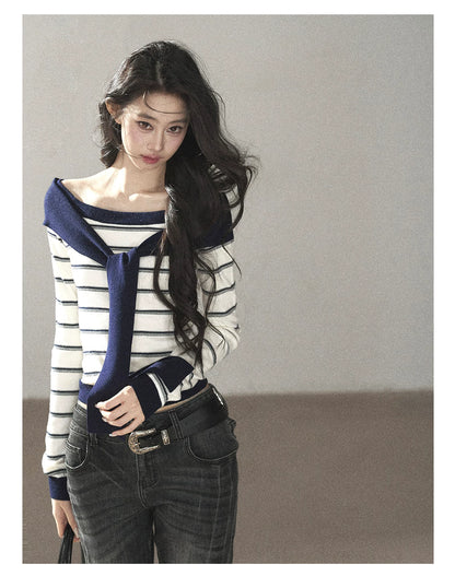 AOMALM - Ivory Stripe Faux-Layered Knit Top with Shoulder Ties