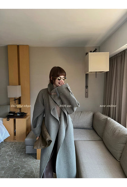 QuQuOuYang - 100% Wool Double-Face Belted Coat with Convertible Collar