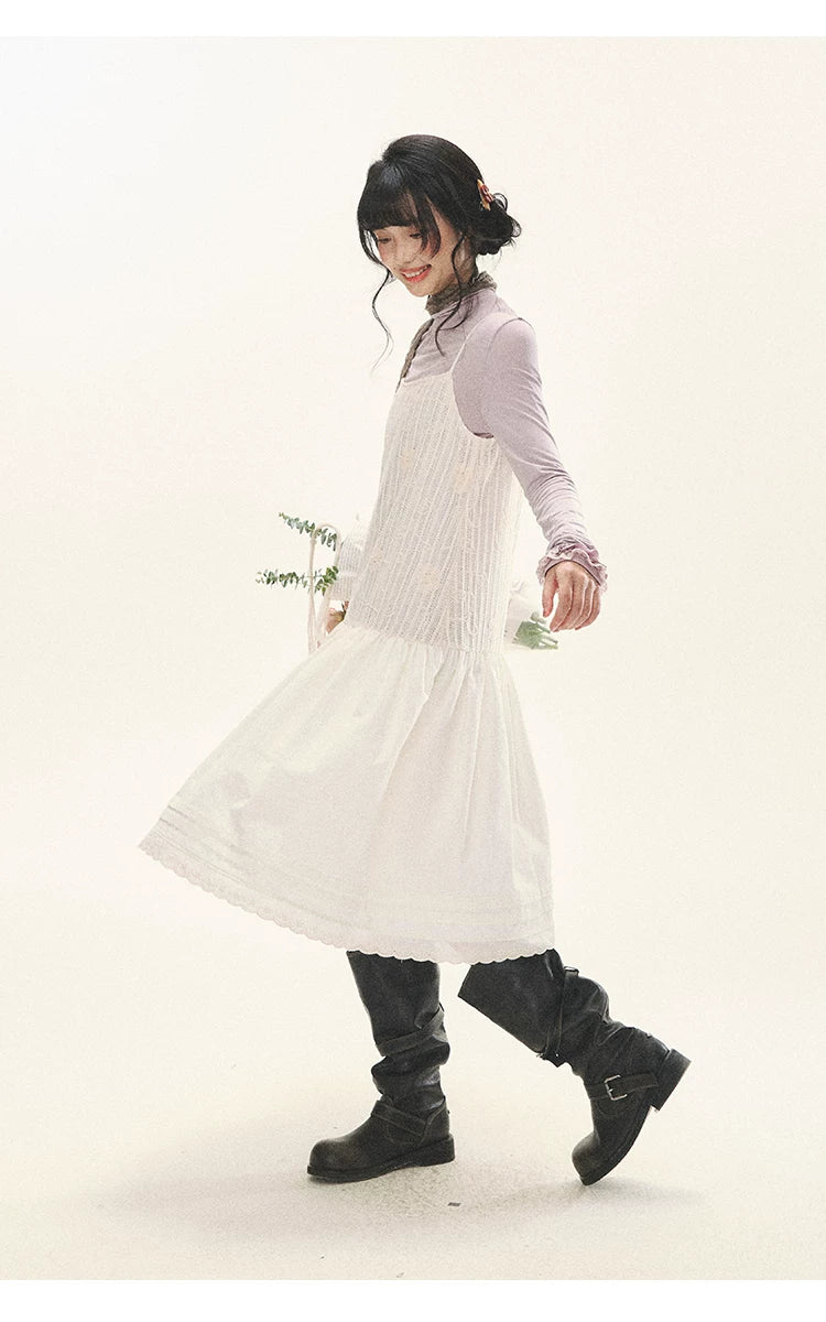 "Ivory Blossoms" Apricot Mist Beige Floral Pinafore Midi Dress