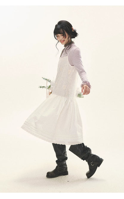 "Ivory Blossoms" Apricot Mist Beige Floral Pinafore Midi Dress