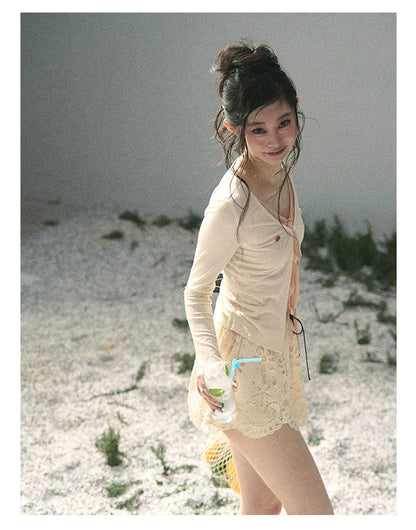 “Dreams Between Seams” Cream Ivory Layered Lace Top