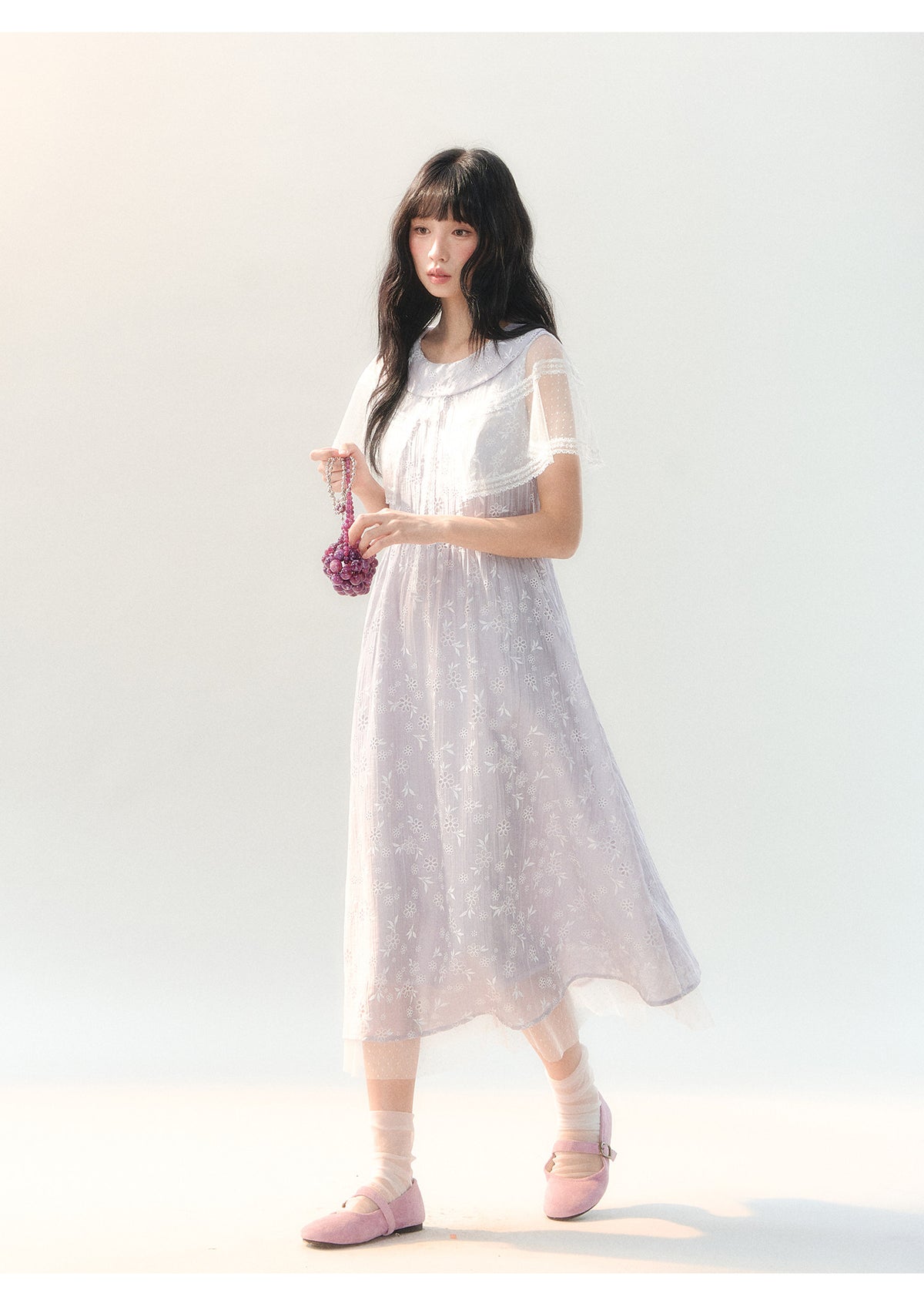 [CAN] "Lavender Bloom Whisper" Purple Floral Cape Tulle Tie-Waist Dress