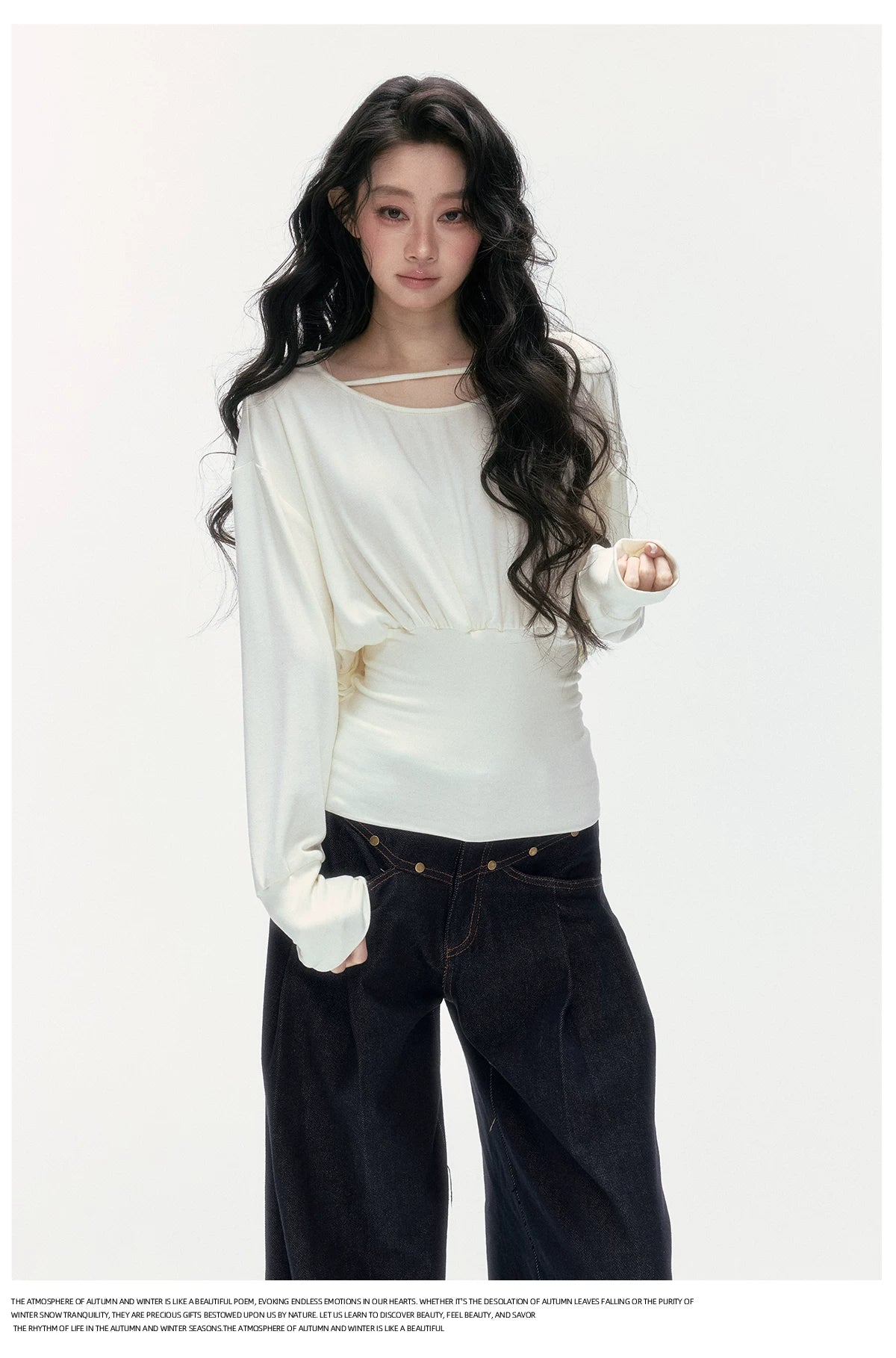 24olvides - Boat Neck Long Sleeve Top with Lace Open Back (Beige / Black)