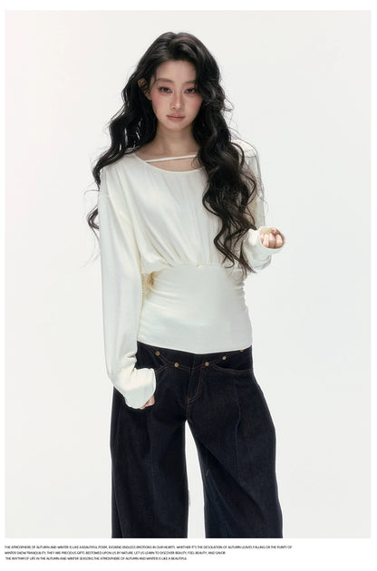 24olvides - Boat Neck Long Sleeve Top with Lace Open Back (Beige / Black)