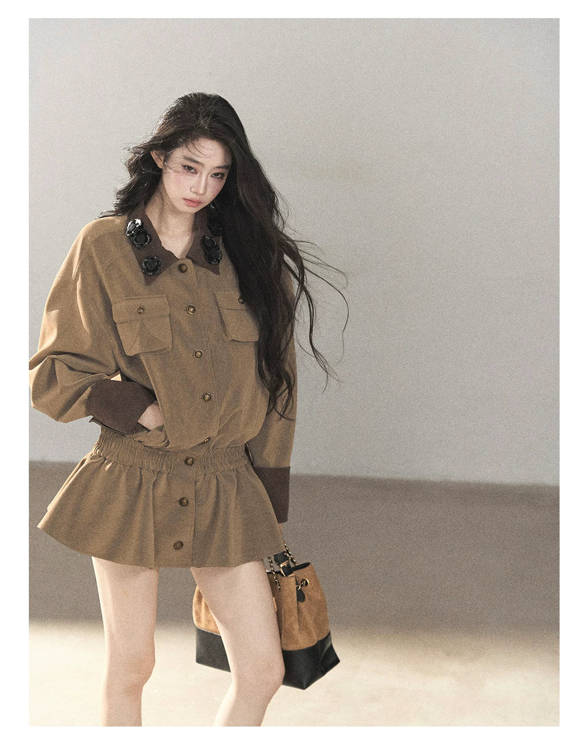 AOMALM - Gray-Brown PU Jacket and High-Waisted Shorts Set