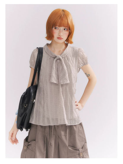 “Formatted Memories” Gray Plaid Textured Bow Tie Puff Sleeve Blouse