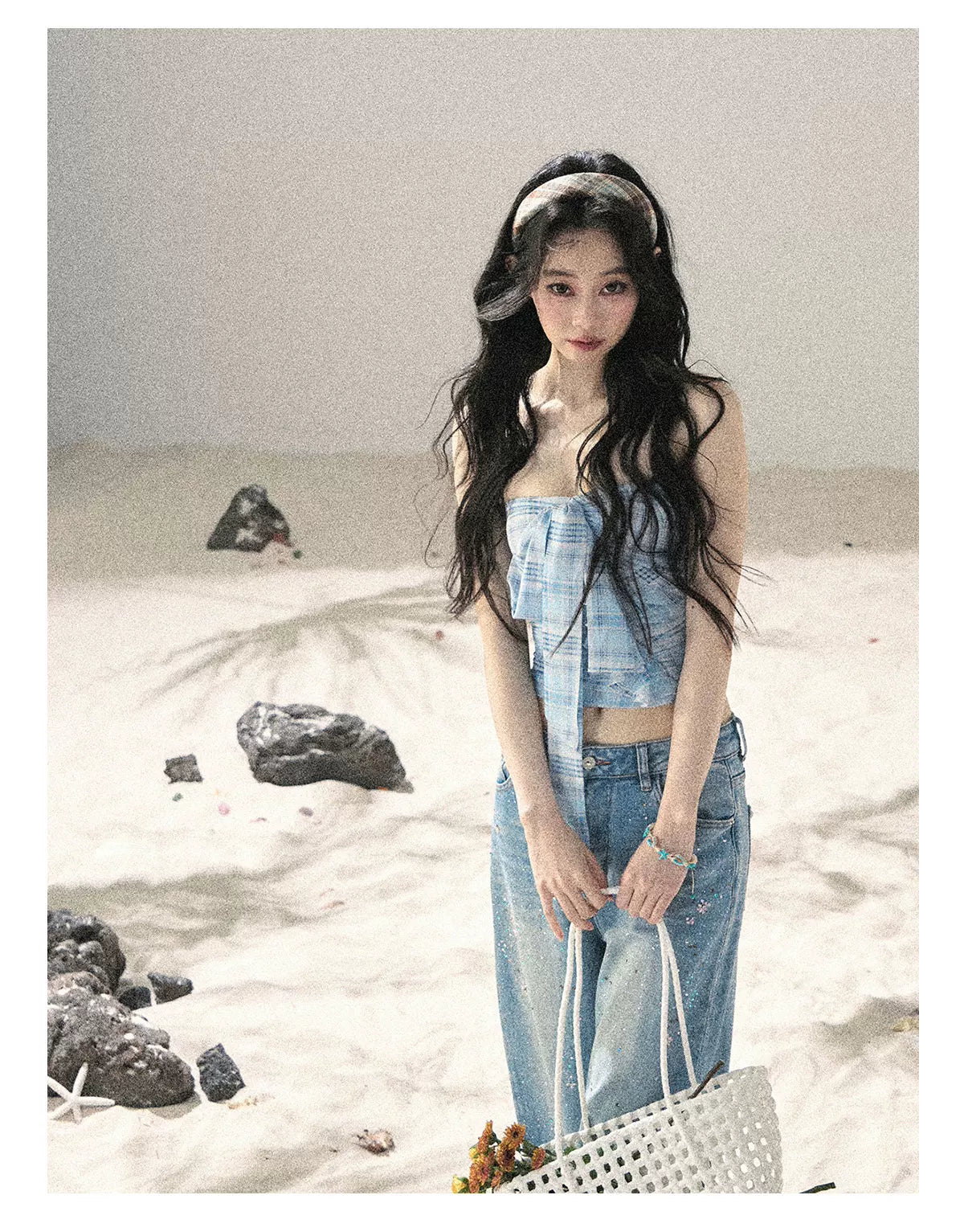 "Blue Danube Reverie" Mist Blue Bow Bandeau Crop Top & Cardigan Set 54638463