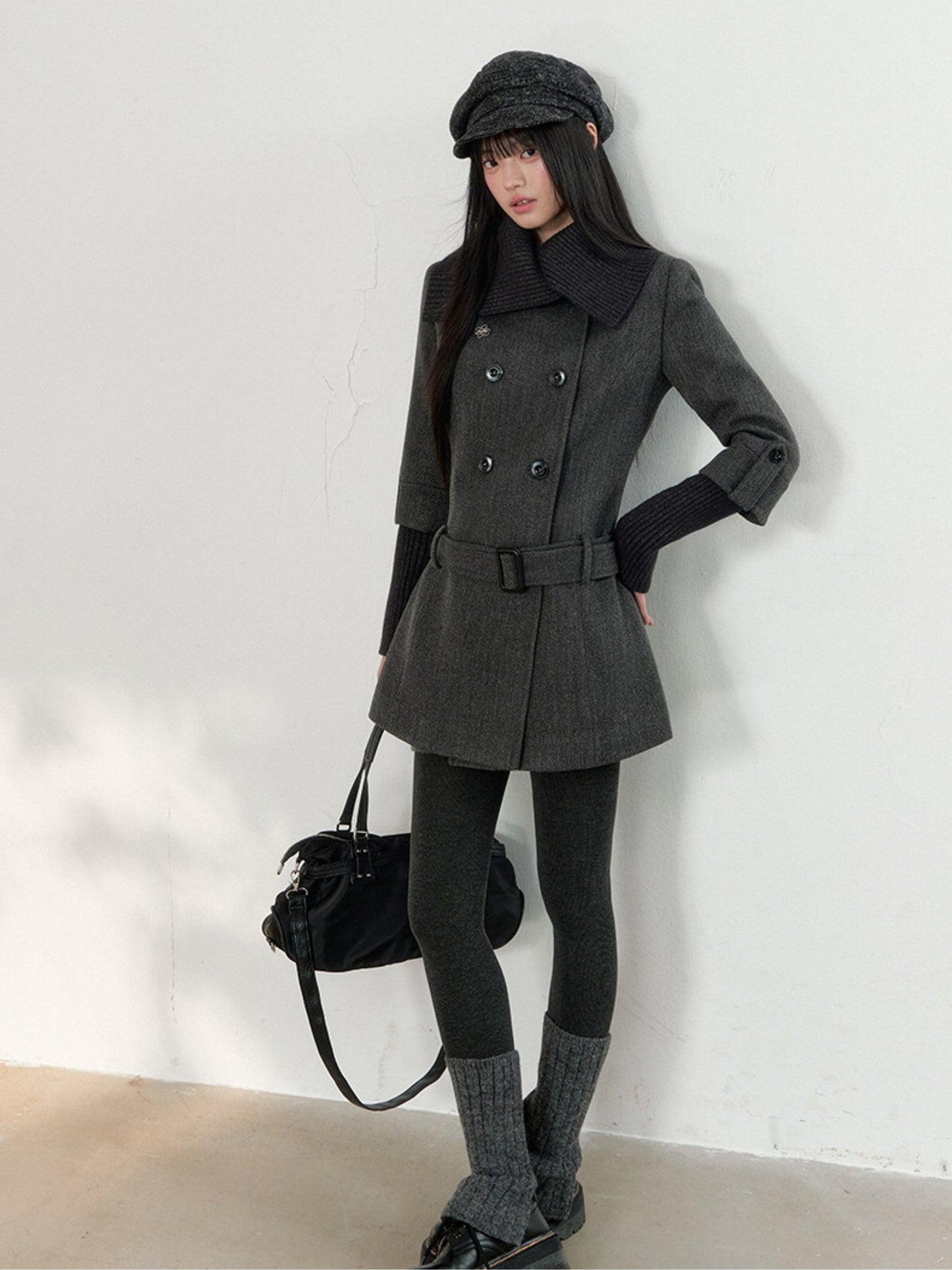Soote Season - British Deep Gray Knit-Collar Wool-Blend Long Dress