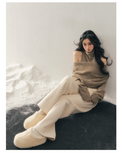 少也眼 "Echo of Sunset" Off-Shoulder Turtleneck Knit Two-Piece Set