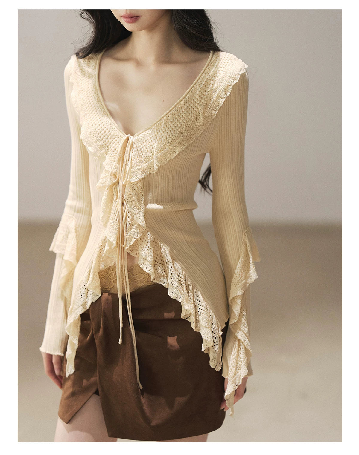 AOMALM - "The Gap of Light" Cheese Yellow Korean Ruffle Lace-Trim Knit Cardigan