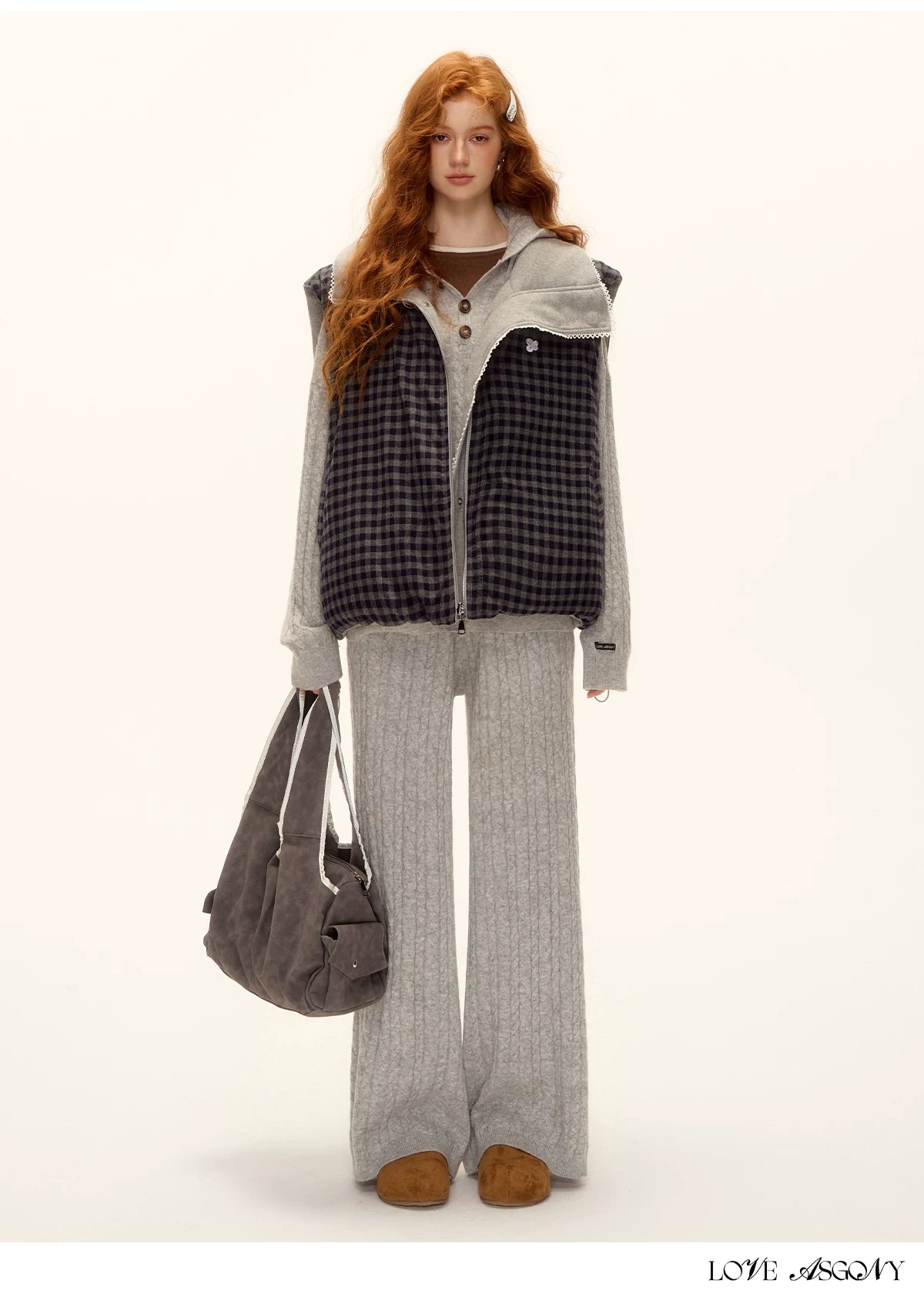 ASGONY - Reversible Plaid Lace-Trim Quilted Vest (Brown / Gray)