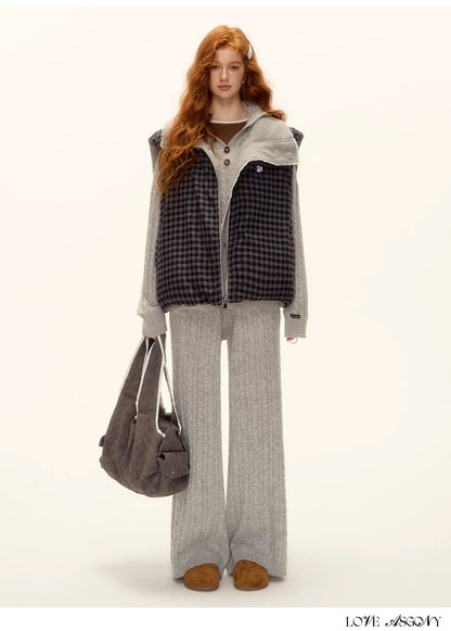 ASGONY - Reversible Plaid Lace-Trim Quilted Vest (Brown / Gray)