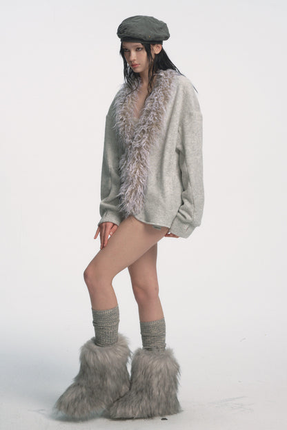 Muirgen - Ice Grey Waffle-Knit Wool Cardigan Jacket with Faux Fur Collar