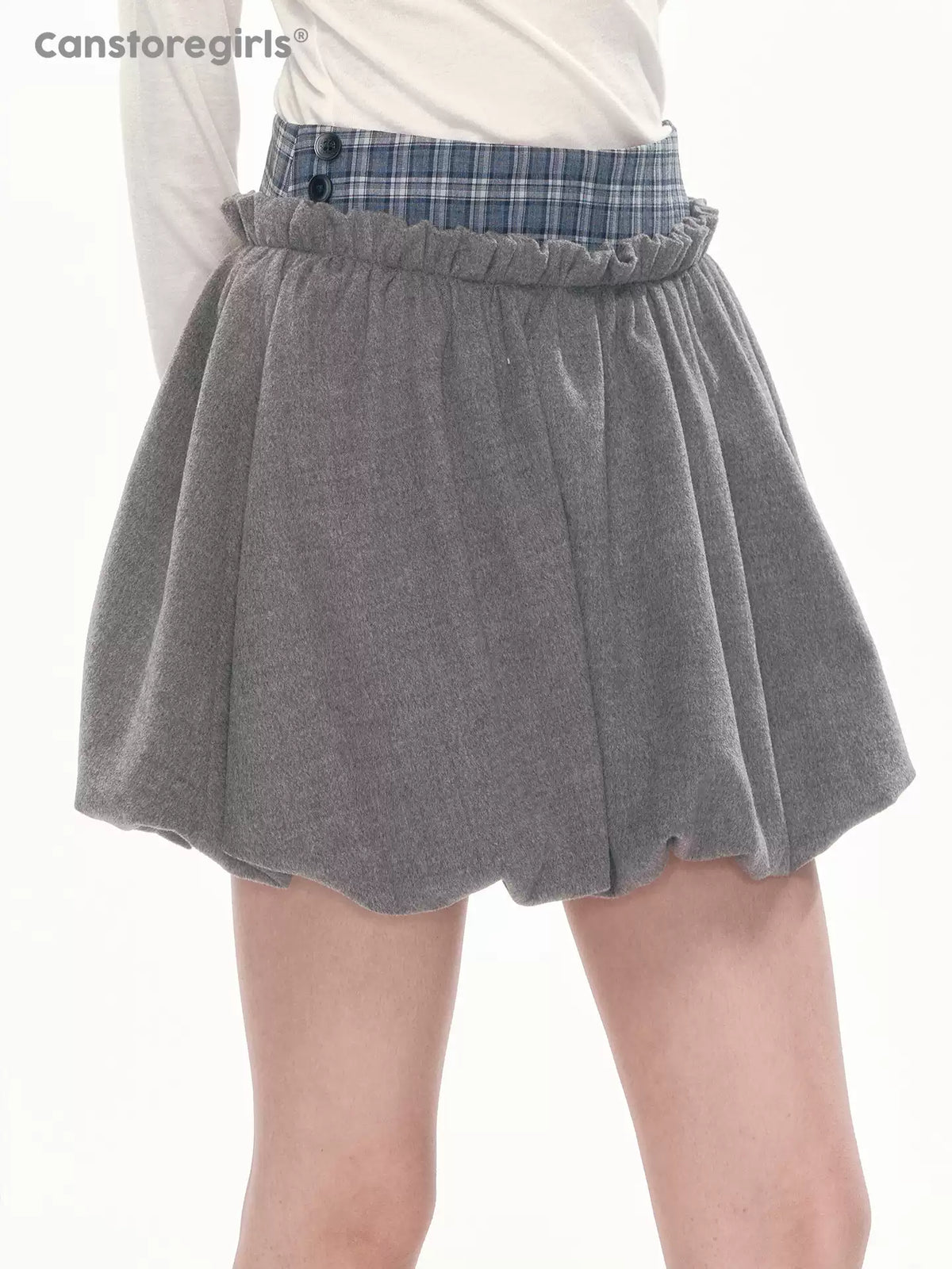 [CAN] Plaid Bubble Hem Mini Skirt with Ruched Detail