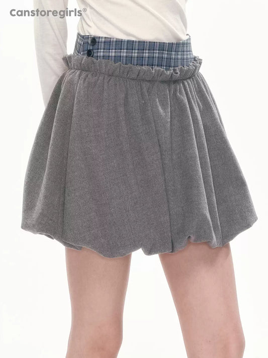[CAN] Plaid Bubble Hem Mini Skirt with Ruched Detail