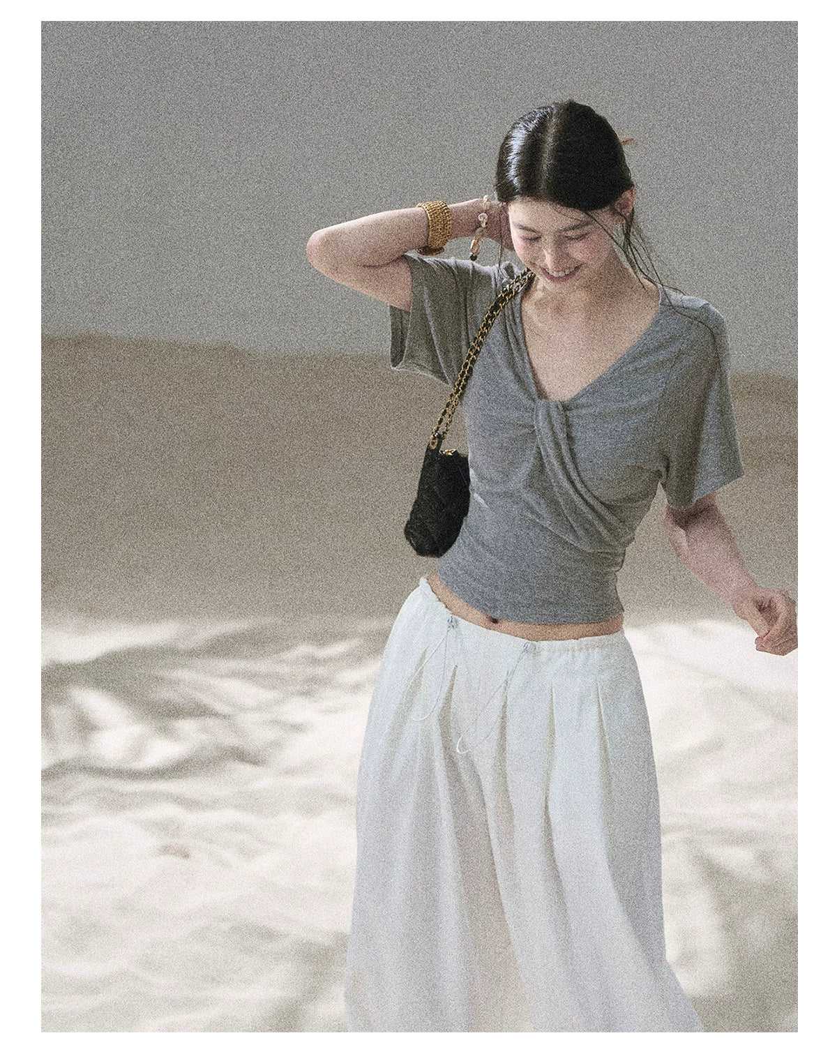 "Moonlight on Water" Twist-Front Cropped T-Shirt (Silver Mink Gray/ Mist Blue)