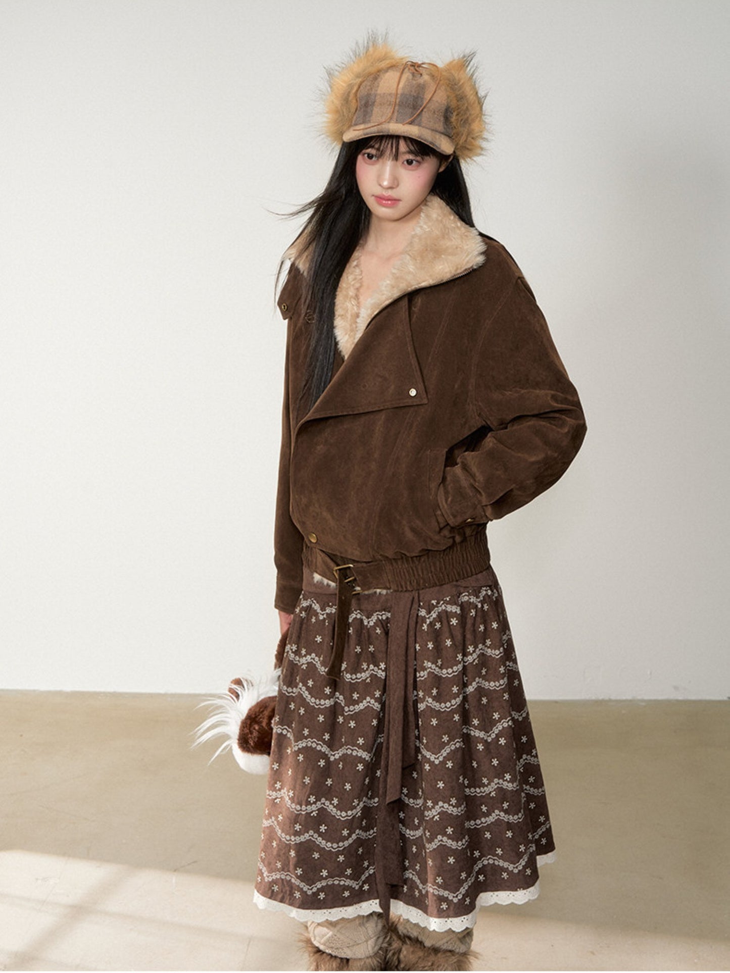 Soote Season - “Melard Mood” Retro Faux Suede Shearling-Trim Biker Jacket - Deep Roast Brown