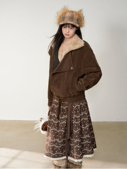 Soote Season - “Melard Mood” Retro Faux Suede Shearling-Trim Biker Jacket - Deep Roast Brown