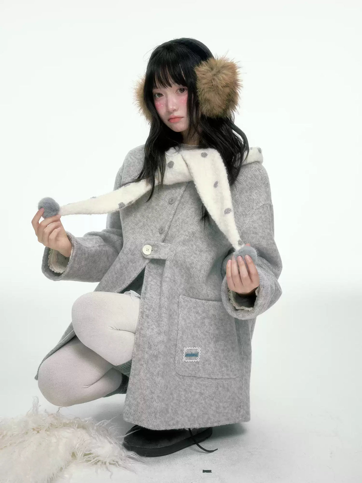 BIBIBENCY - Gray Wool-Blend Single-Breasted Coat (With White Scarf)