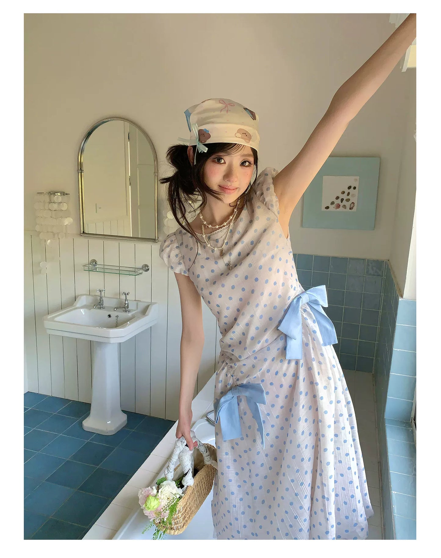 “Blue Mist Polka Reverie” Mist Blue Bow Lace Dress