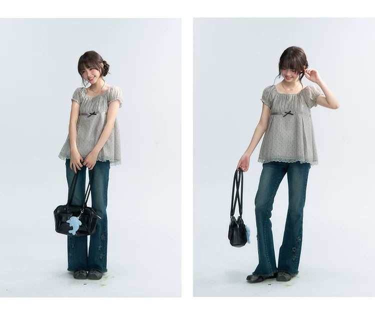 "Polka Dot Constellation" Gray Polka Dot Square Neck Puff Sleeve Top