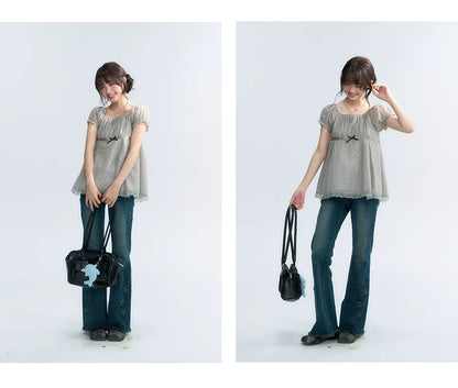 "Polka Dot Constellation" Gray Polka Dot Square Neck Puff Sleeve Top
