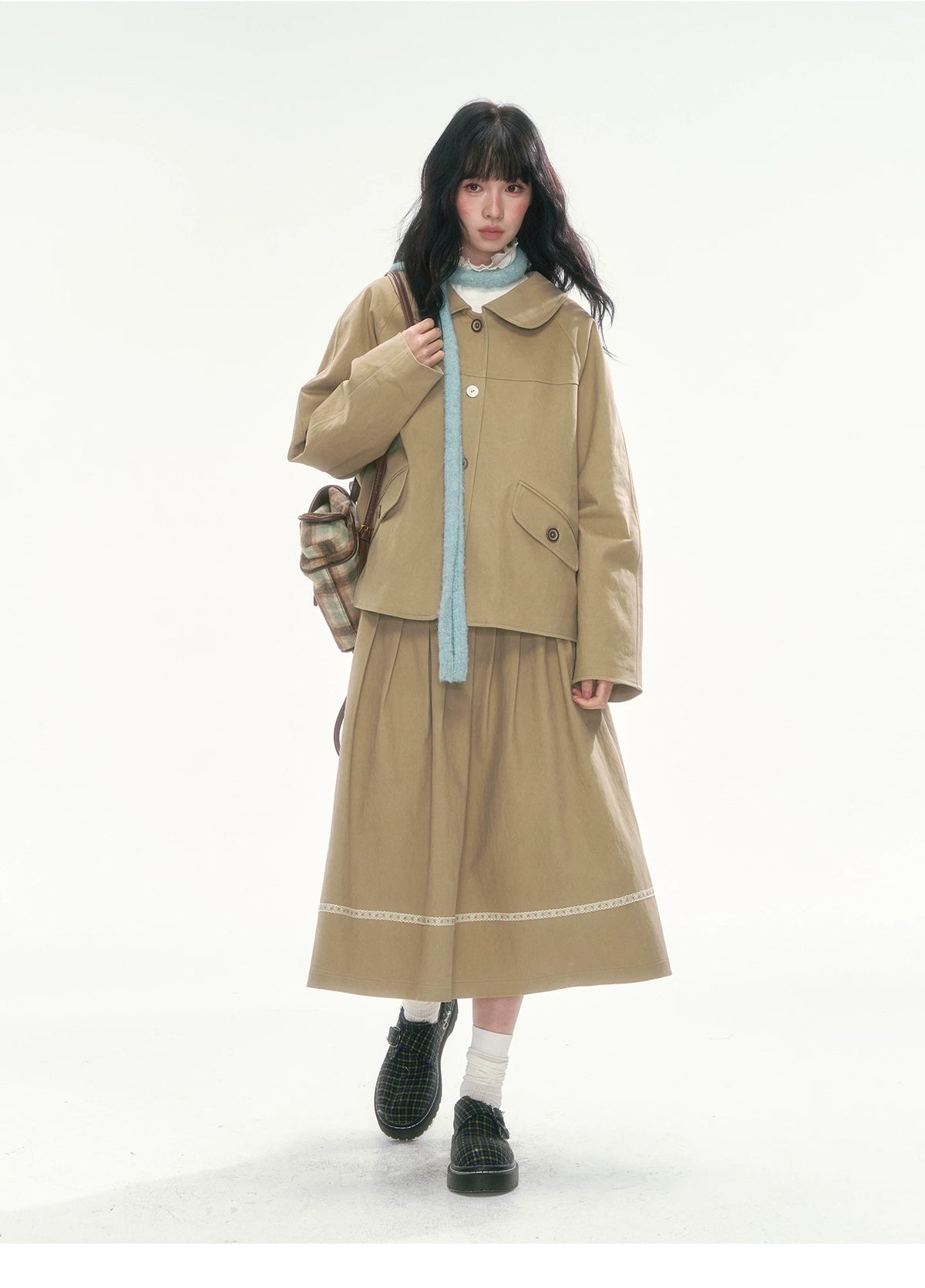 [CAN] Khaki Peter Pan Collar Jacket & Midi Skirt Set