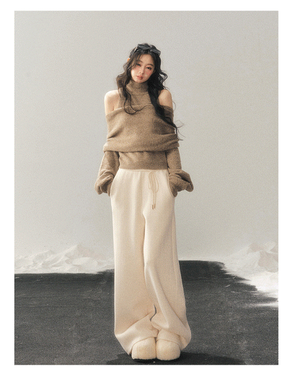 少也眼 "Echo of Sunset" Off-Shoulder Turtleneck Knit Two-Piece Set