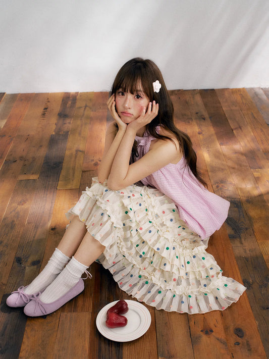 “Starlight Tulle Reverie” Apricot Polka Dot Mesh Skirt