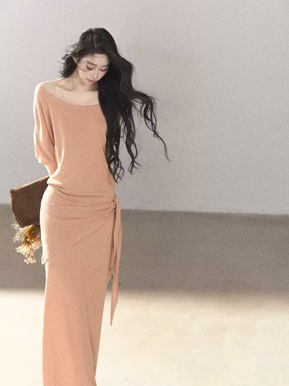 AOMALM - "Under the Sunset" Mauve Linen-Blend Mermaid Dress Set