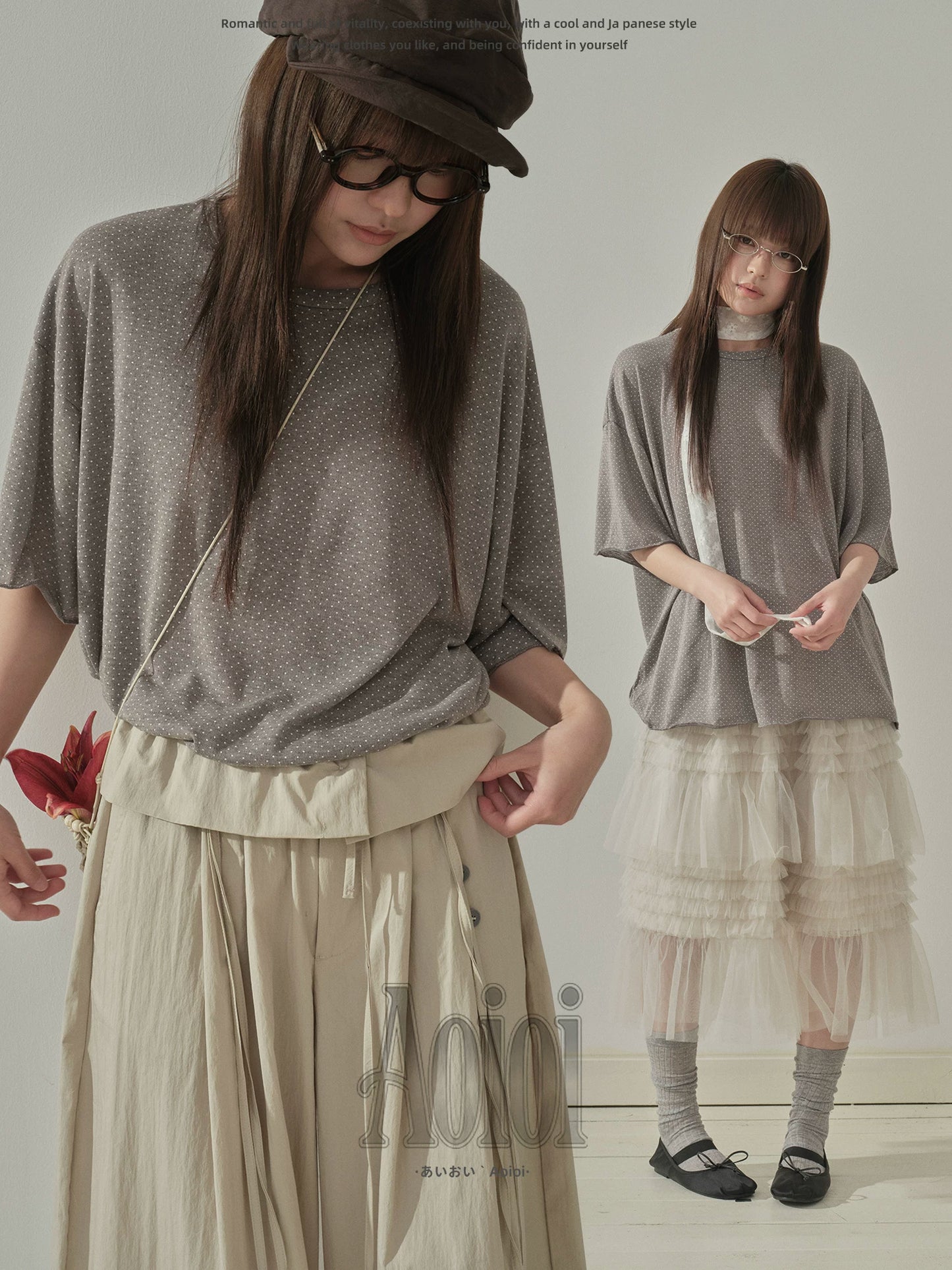 "Quiet Dots" Polka Dot Linen Blend T-Shirt (White / Coffee Gray)