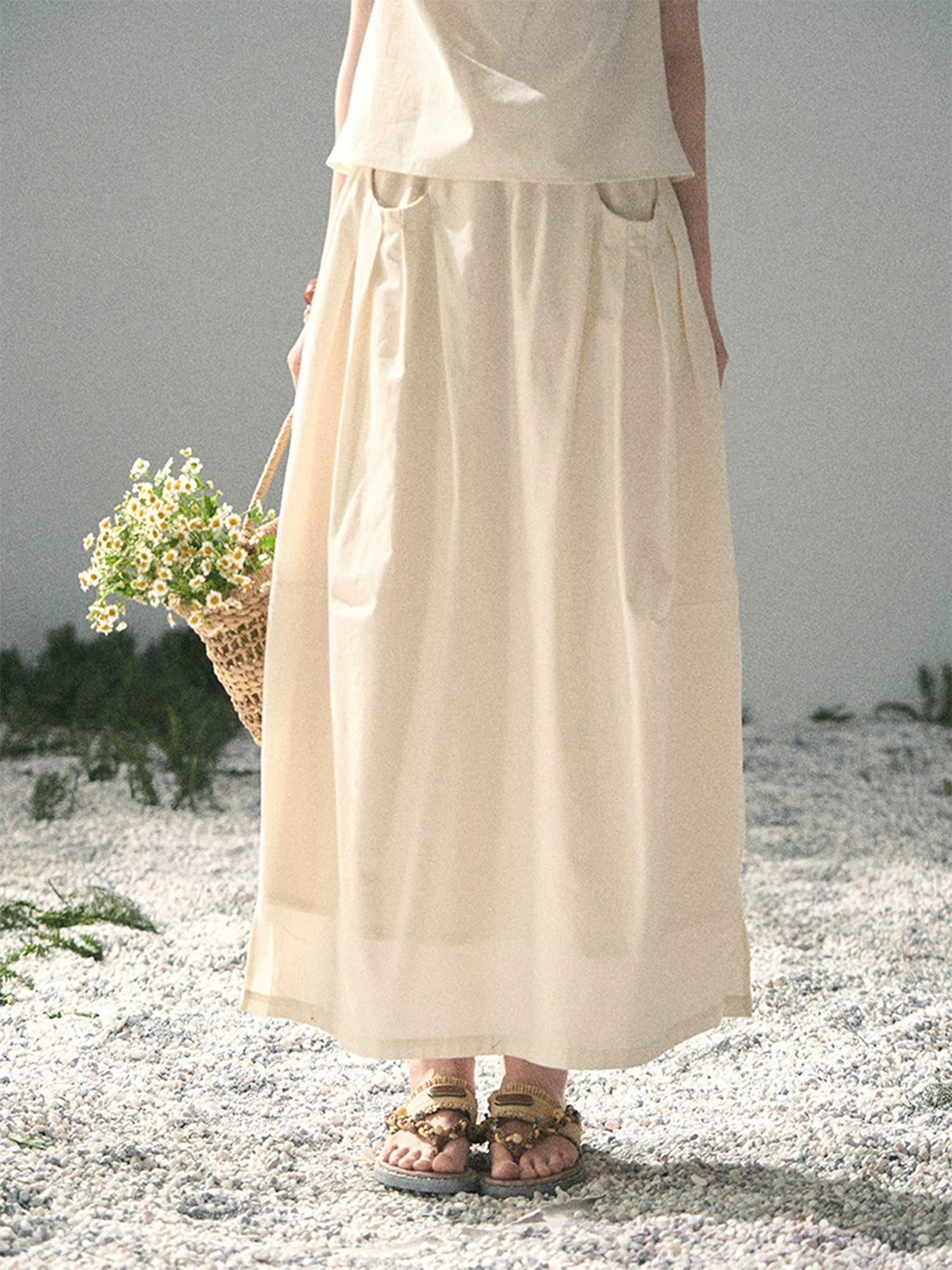 “Ivory Pleated Verse” Soft White Asymmetrical Twist Top & Skirt