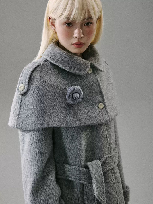 “Intellectual Cape Silhouette” Long Wool Blend Minimal Coat - Gray 8007