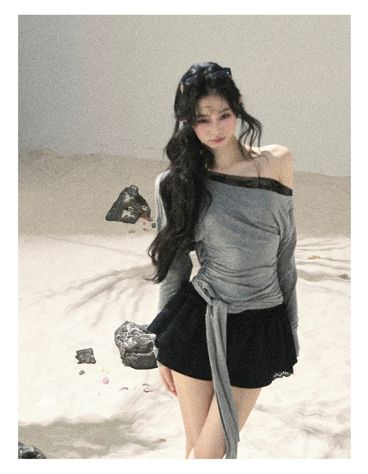 "Free Spirit" Moon Mist Gray Faux-Layer One-Shoulder Lace Top